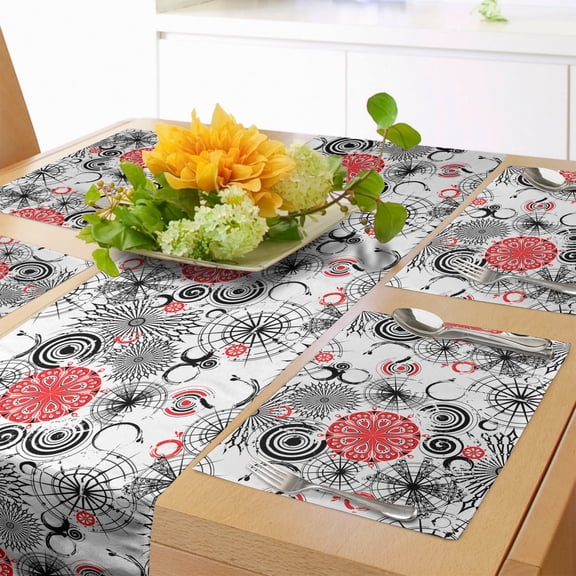 Ambesonne Grunge Table Runner & Placemats, Mandala Rounds, Placemat 4 pcs + Runner 12"x90", Vermilion Black White