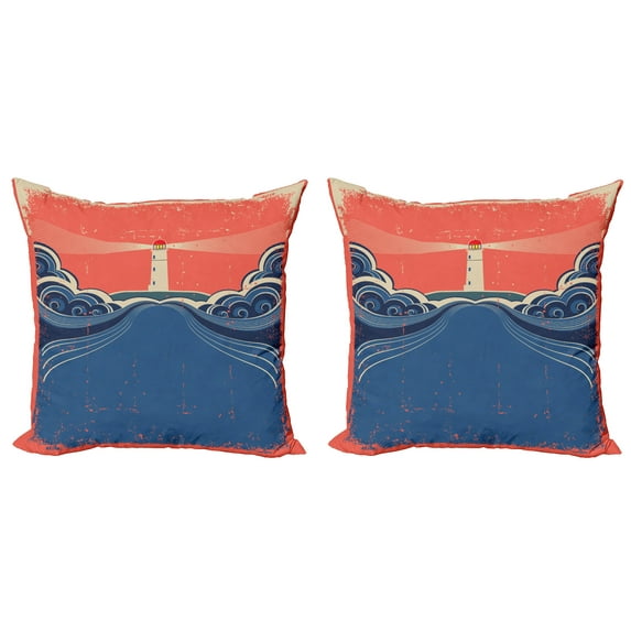 Ambesonne Grunge Throw Pillow Cover 2 Pack, Lighthouse Waves Sea, 20", Blue Coral White