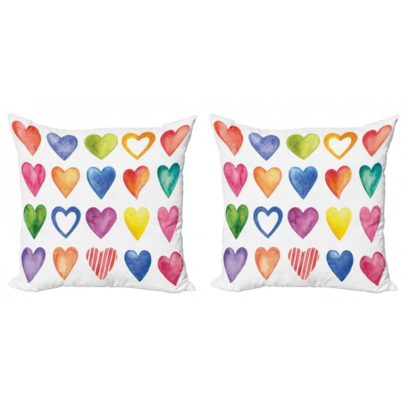 Ambesonne Grunge Throw Pillow Cover 2 Pack, Watercolor Heart Romance, 20", Red Blue Yellow