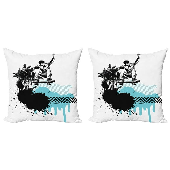 Ambesonne Grunge Throw Pillow Cover 2 Pack, Young Boy Skater Exotic, 16", Black Pale Blue