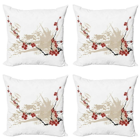 Ambesonne Grunge Throw Pillow Cover 4 Pack, Japan Sakura Flowers, 18", Beige White Red