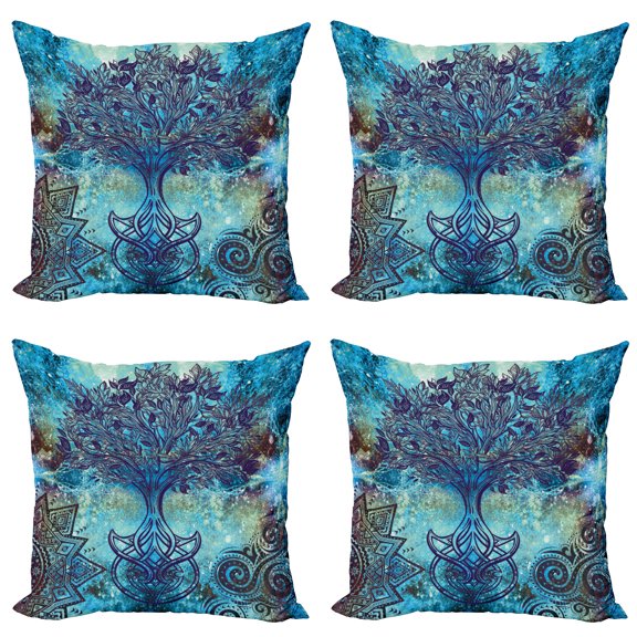 Ambesonne Grunge Throw Pillow Cover 4 Pack, Mandala Trees, 16", Turquoise Brown