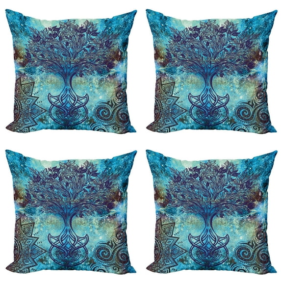 Ambesonne Grunge Throw Pillow Cover 4 Pack, Mandala Trees, 20", Turquoise Brown