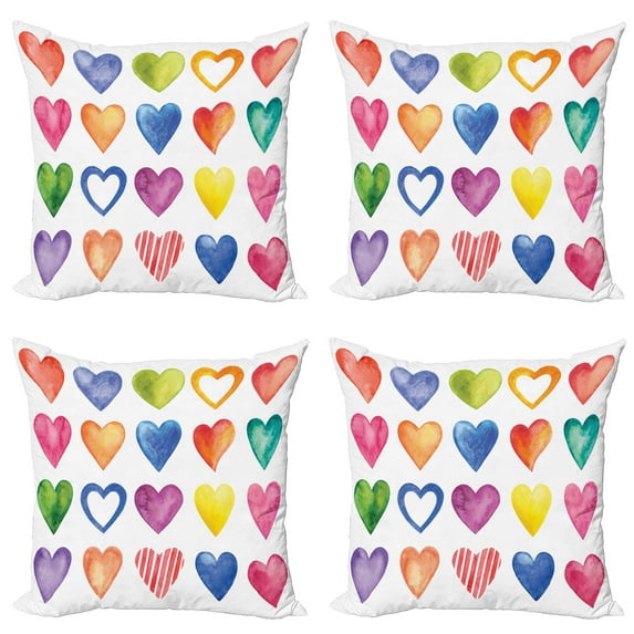 Ambesonne Grunge Throw Pillow Cover 4 Pack, Watercolor Heart Romance, 18", Red Blue Yellow