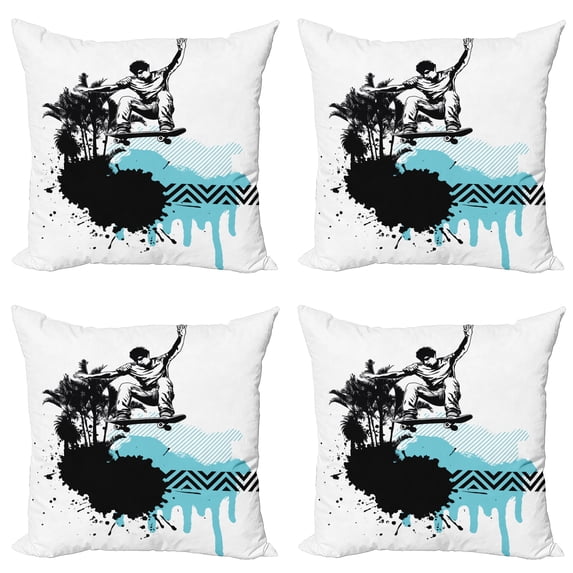 Ambesonne Grunge Throw Pillow Cover 4 Pack, Young Boy Skater Exotic, 16", Black Pale Blue