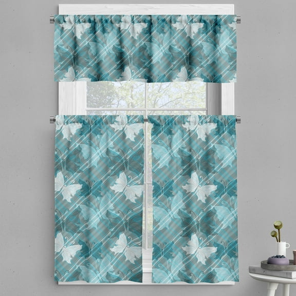 Ambesonne Grunge Valance & Curtain, Butterfly Spring Season, 55"x45", Pale Blue Teal Grey