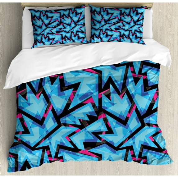 Ambesonne Grungy Duvet Cover Sets, Trippy Neon, 2-Queen, Sky Blue Black Pink