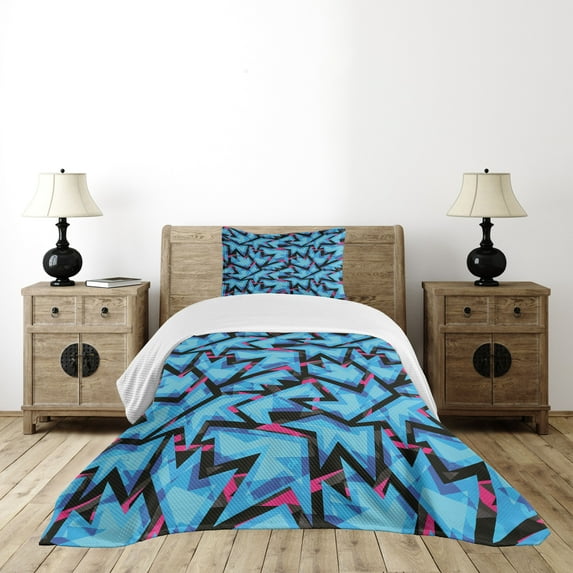 Ambesonne Grungy Quilted Bedspread Set 2 Pcs, Trippy Neon, Twin Size, Sky Blue Black Pink