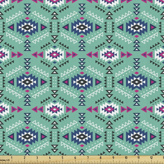 Ambesonne Guatemalan Fabric by the Yard Upholstery, Colombian Art, 1 Yard, Sea Green Magenta