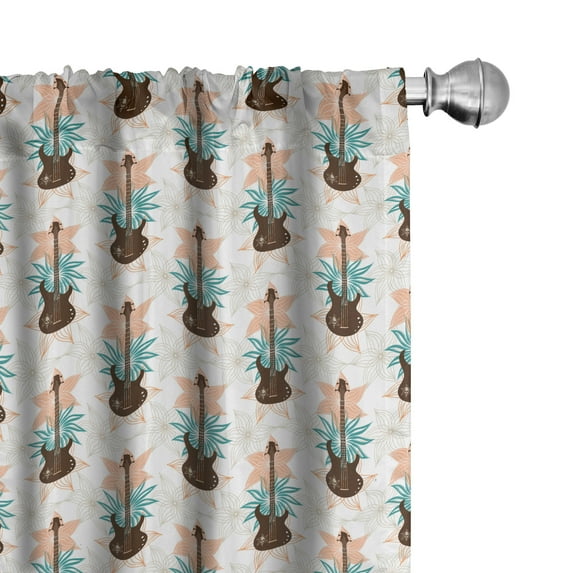 Ambesonne Guitar Window Curtains, Grunge Bass Flowers, Each 28" W x 95" L, Peach Teal Dark Brown