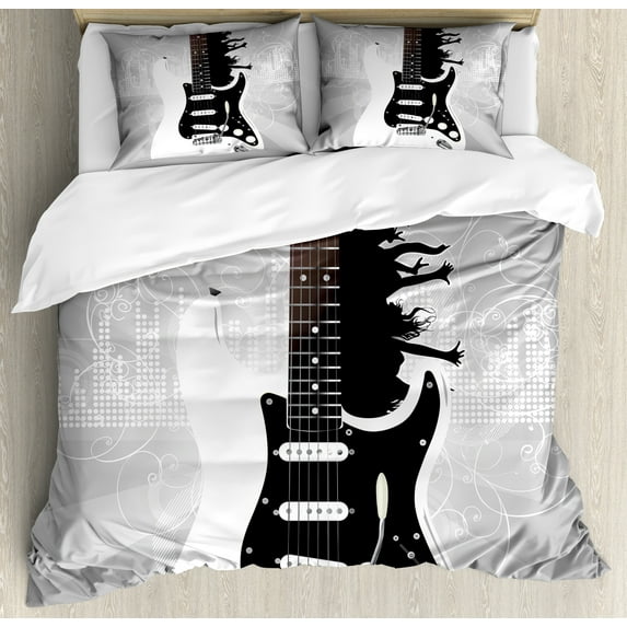 Ambesonne Guitar Duvet Cover Sets, Contemporary People Partying, 2-Queen, Charcoal Grey Pale Taupe