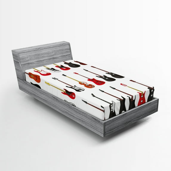 Ambesonne Guitar Fitted Sheet, Instruments Acoustic, Twin Size, Vermilion Black White