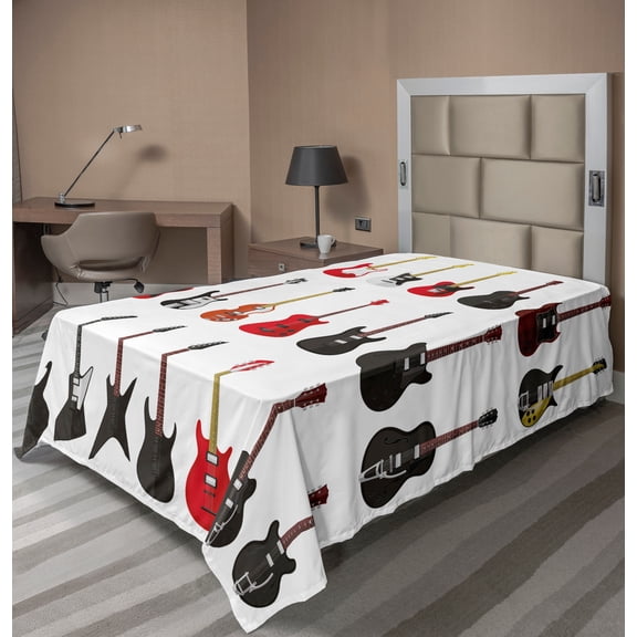 Ambesonne Guitar Flat Sheet, Instruments Acoustic, TwinXL Size, Vermilion White Black