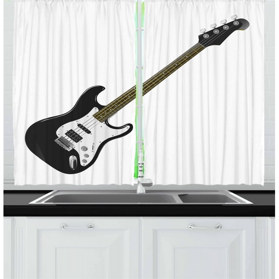 Ambesonne Guitar Kitchen Curtains, 4 String Bass Music, 55"x39", Black White Caramel