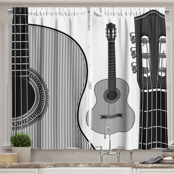 Ambesonne Guitar Kitchen Curtains, Folk Country Music Theme, 55"x39", Black White