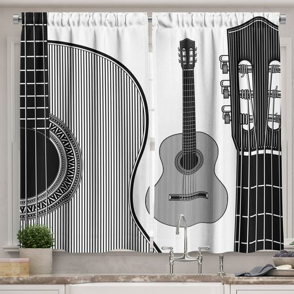 Ambesonne Guitar Kitchen Curtains, Folk Country Music Theme, 55"x39", Black White