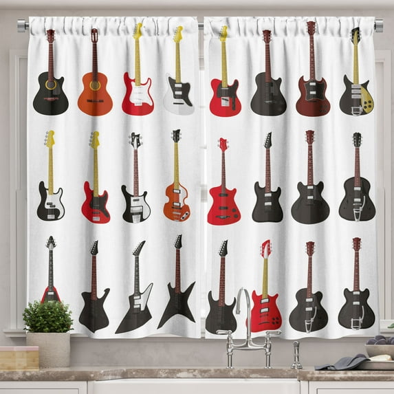Ambesonne Guitar Kitchen Curtains, Instruments Acoustic, 55"x45", Vermilion Black White