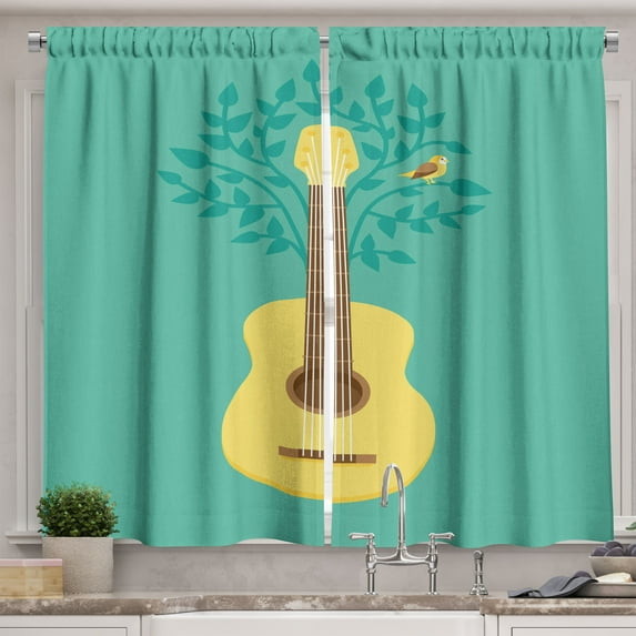 Ambesonne Guitar Kitchen Curtains, Nature Instrument Bird, 55"x39", Seafoam Mustard