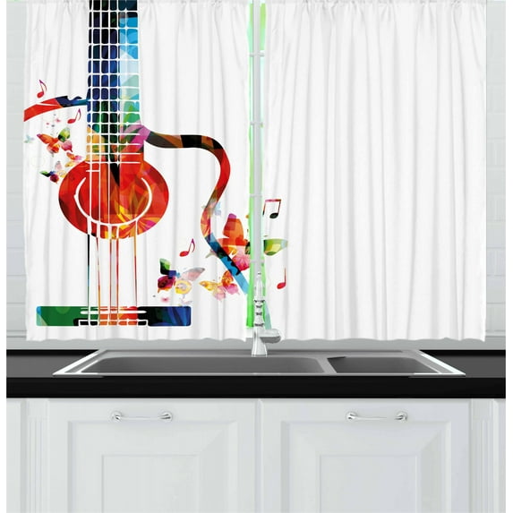 Ambesonne Guitar Kitchen Curtains, Polygonal Design Music, 55"x39", Multicolor