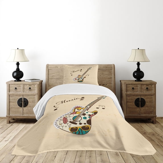 Ambesonne Guitar Quilted Bedspread Set 2 Pcs, Abstract Funk Instrument, Twin Size, Sand Brown Multicolor