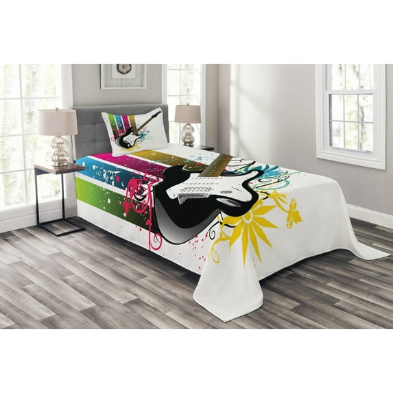 Ambesonne Guitar Quilted Bedspread Set 2 Pcs, Bass Floral Colorful, Twin Size, Multicolor