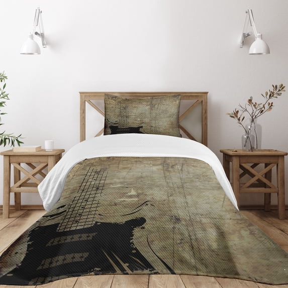 Ambesonne Guitar Quilted Bedspread Set 2 Pcs, Faded Instrument Design, Twin Size, Pale Brown Black