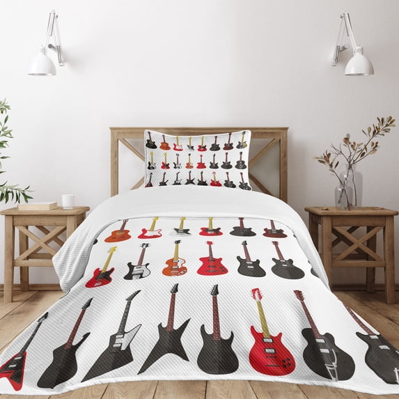 Ambesonne Guitar Quilted Bedspread Set 2 Pcs, Instruments Acoustic, Twin Size, Vermilion Black White