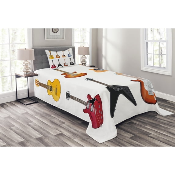 Ambesonne Guitar Quilted Bedspread Set 2 Pcs, String Instruments Jazz, Twin Size, Multicolor