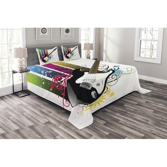Ambesonne Guitar Quilted Bedspread Set 3 Pcs, Bass Floral Colorful, King Size, Multicolor