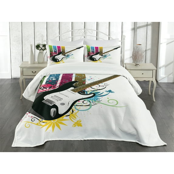 Ambesonne Guitar Quilted Bedspread Set 3 Pcs, Bass Floral Colorful, Queen Size, Multicolor