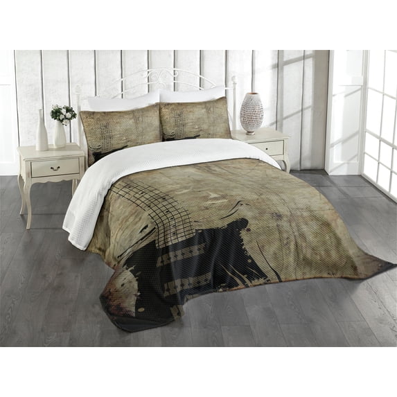 Ambesonne Guitar Quilted Bedspread Set 3 Pcs, Faded Instrument Design, King Size, Pale Brown Black