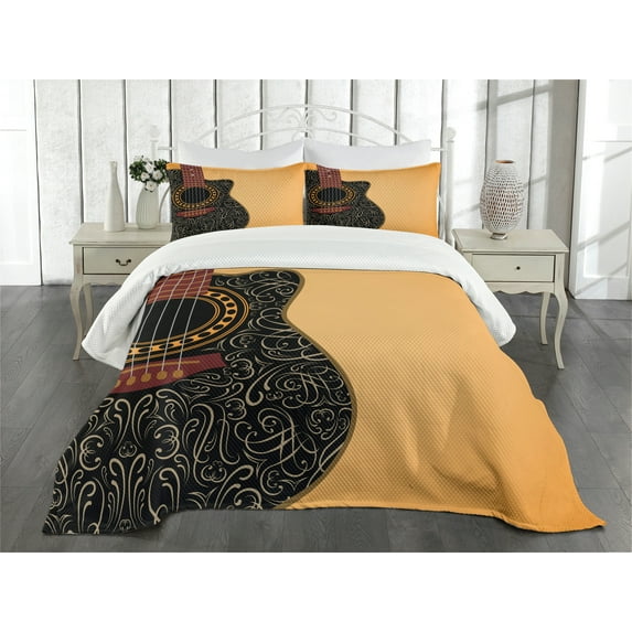 Ambesonne Guitar Quilted Bedspread Set 3 Pcs, Floral Folk Ornaments, King Size, Pale Orange Black Maroon