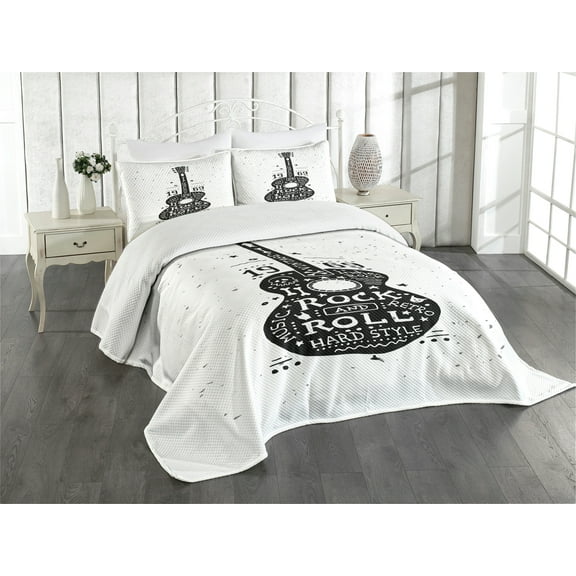 Ambesonne Guitar Quilted Bedspread Set 3 Pcs, Grunge Look Rock 'n' Roll, King Size, Black White