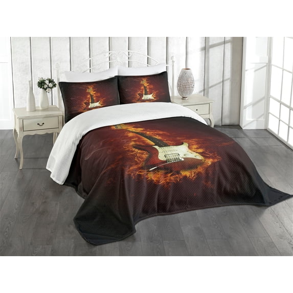Ambesonne Guitar Quilted Bedspread Set 3 Pcs, Instrument in, King Size, Orange Maroon Black