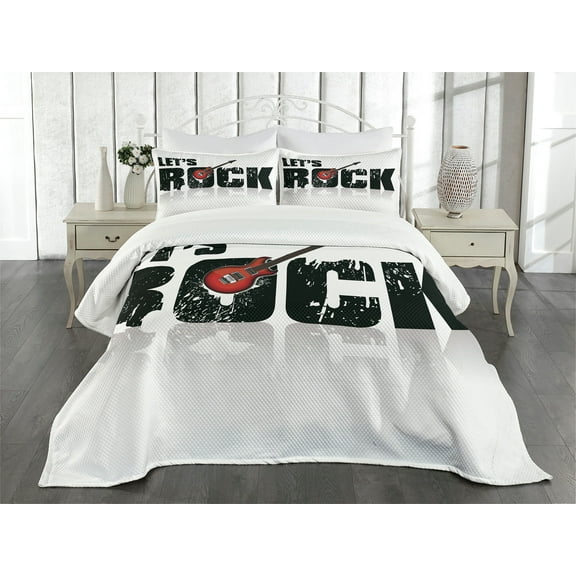Ambesonne Guitar Quilted Bedspread Set 3 Pcs, Let's Rock Grunge Fun, King Size, Ruby Black White