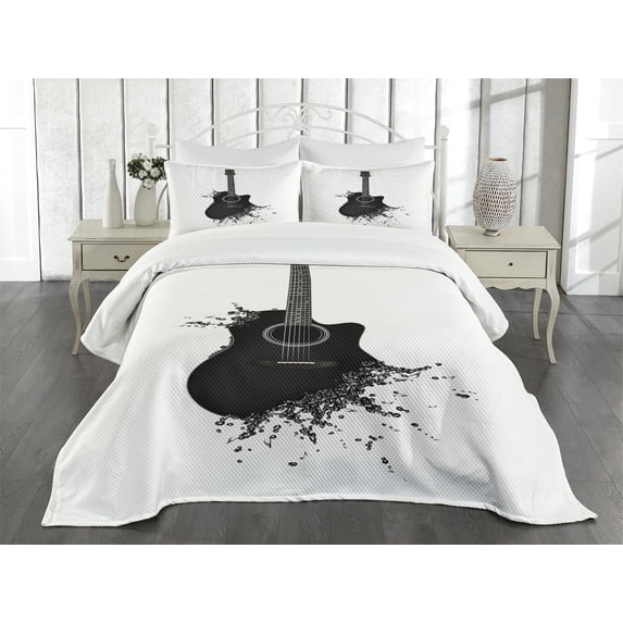 Ambesonne Guitar Quilted Bedspread Set 3 Pcs, Musical Device Strings, King Size, Black White