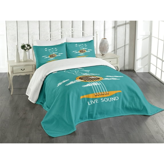Ambesonne Guitar Quilted Bedspread Set 3 Pcs, Musical Freedom Bird, King Size, Turquoise Marigold White