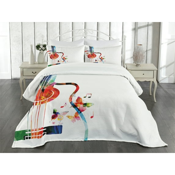 Ambesonne Guitar Quilted Bedspread Set 3 Pcs, Polygonal Design Music, Queen Size, Multicolor