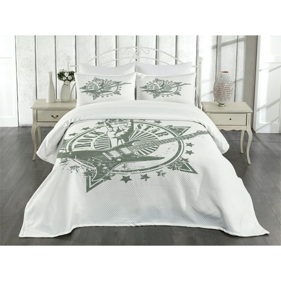 Ambesonne Guitar Quilted Bedspread Set 3 Pcs, Rock Star Lifestyle, Queen Size, Pale Grey White