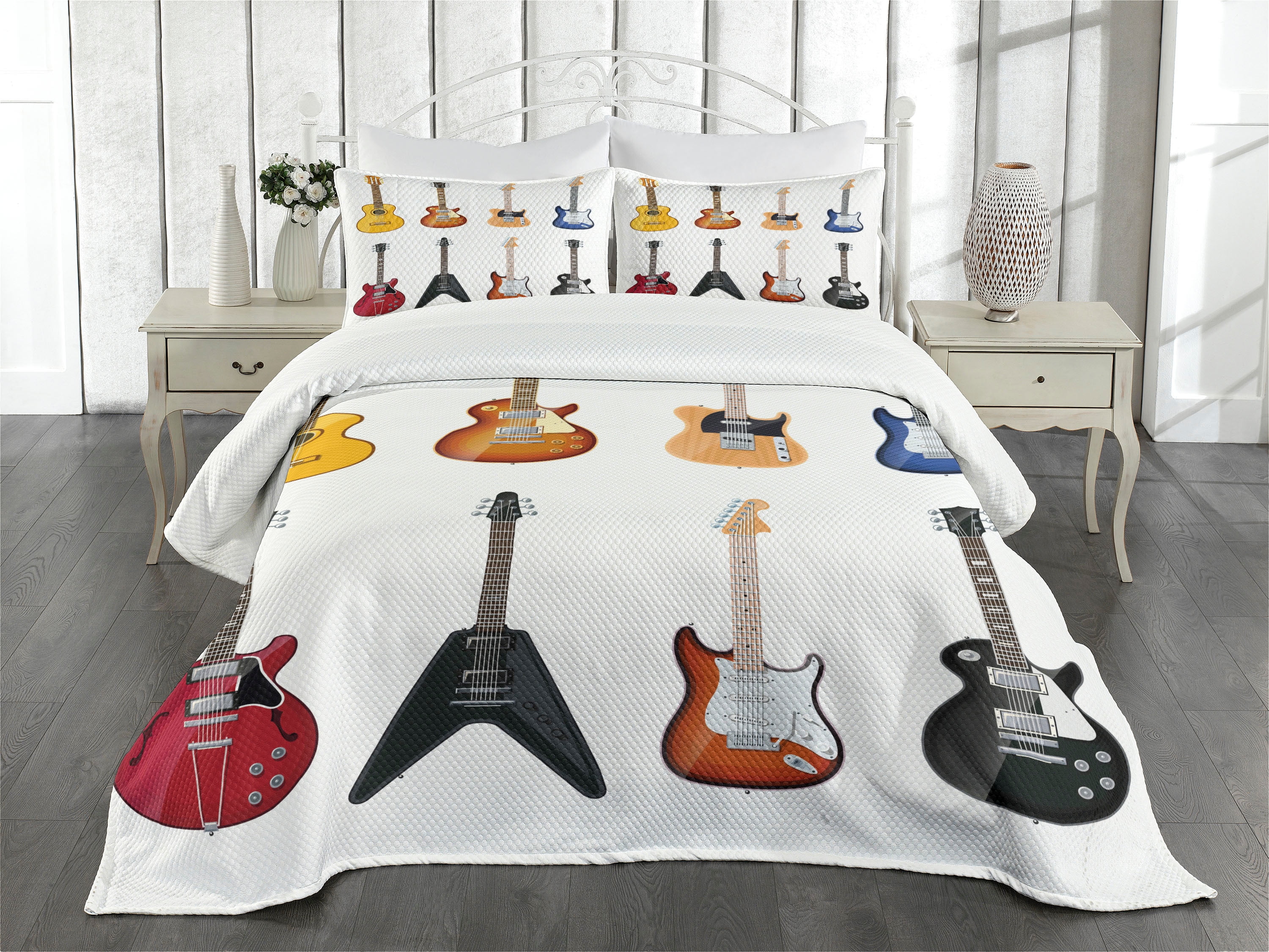 King Size White Quilted Bedspread Set with Guitar Print