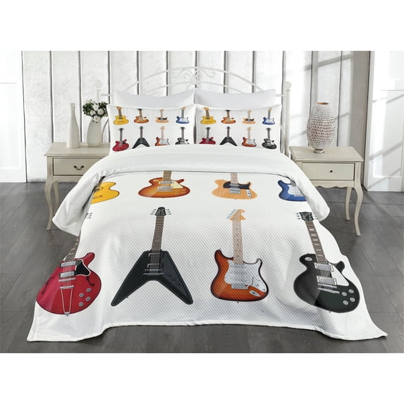 Ambesonne Guitar Quilted Bedspread Set 3 Pcs, String Instruments Jazz, Queen Size, Multicolor