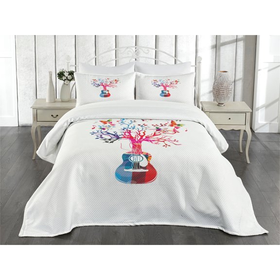 Ambesonne Guitar Quilted Bedspread Set 3 Pcs, Tree Butterflies, King Size, Multicolor