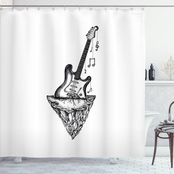 Ambesonne Guitar Shower Curtain, Engraving Music Lovers Roots, 69"Wx75"L, Charcoal Grey and White