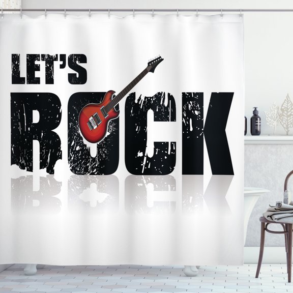 Ambesonne Guitar Shower Curtain, Let's Rock Grunge Fun, 69"Wx70"L, Ruby Black White