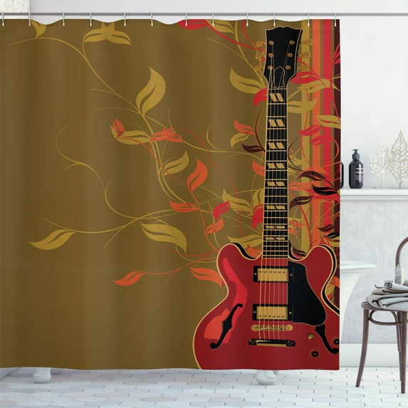 Ambesonne Guitar Shower Curtain, Retro Autumn Leaves Design, 69"Wx75"L, Fawn Vermilion