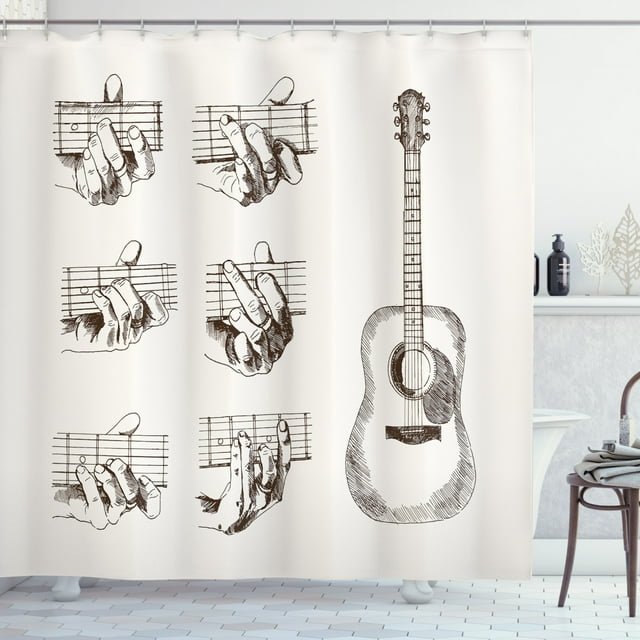 Ambesonne Guitar Shower Curtain, Sketch Chords Flamenco, 69"Wx84"L, Cream Brown