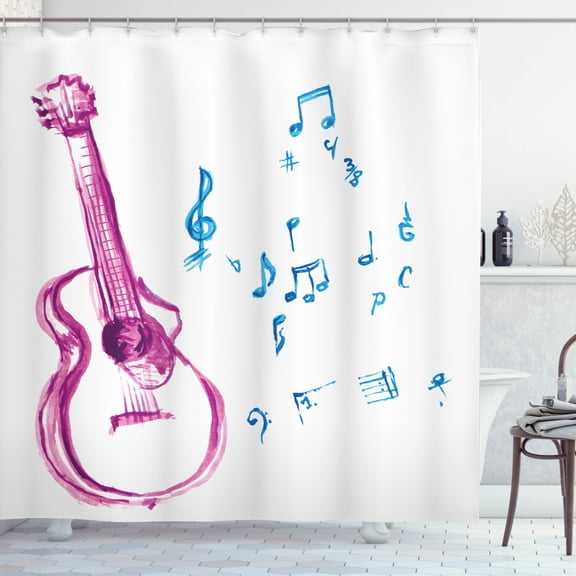Ambesonne Guitar Shower Curtain, Watercolor Music Making, 69"Wx70"L, Magenta Blue White