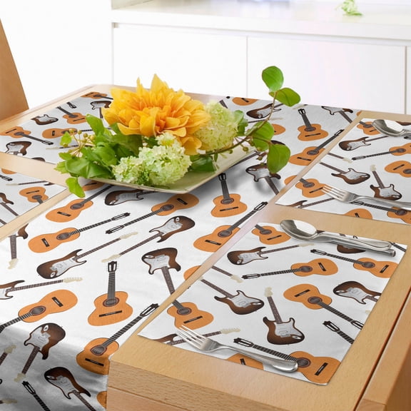 Ambesonne Guitar Table Runner & Placemats, Realistic Instruments, Placemat 4 pcs + Runner 16"x72", Pale Orange Brown White