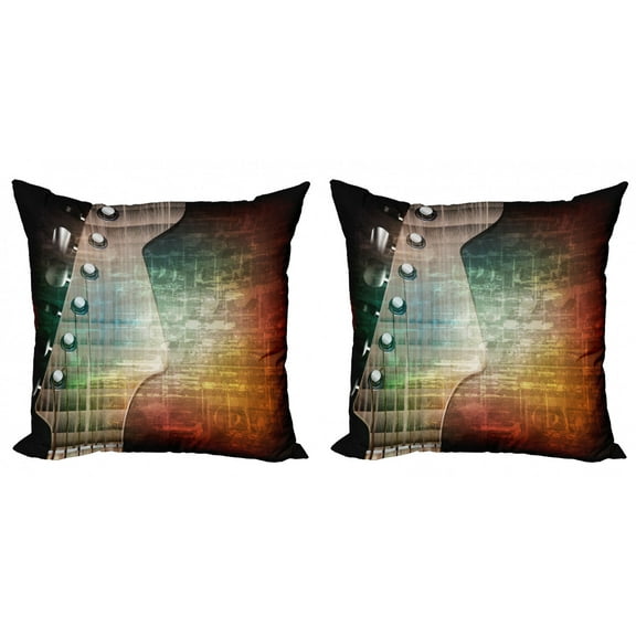 Ambesonne Guitar Throw Pillow Cover 2 Pack, Grunge Retro Tuning Pegs, 16", Black Orange
