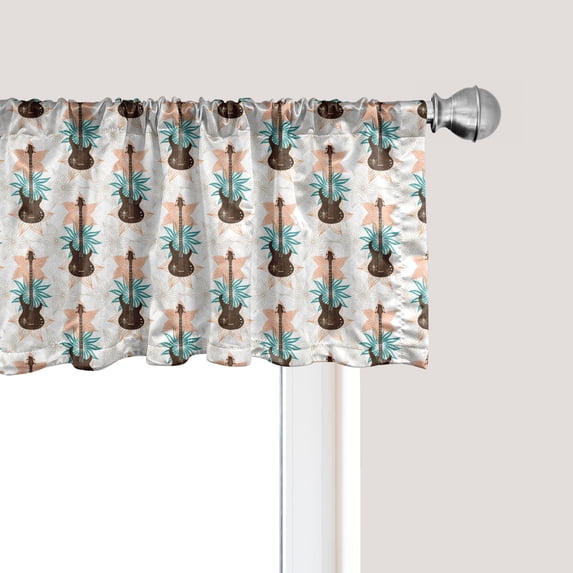 Ambesonne Guitar Window Valance, Grunge Bass Guitars with Skulls Among Blooming Abstract Flowers, Curtain Valance for Kitchen Bedroom Decor with Rod Pocket, 54" X 18", Peach Teal Dark Brown